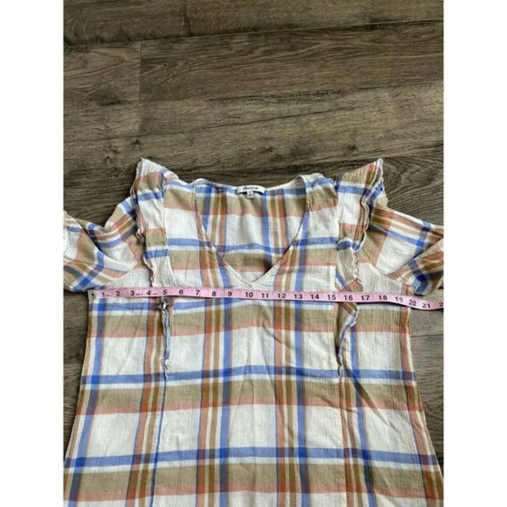 EUC Womens Madewell V‎ Neck Shoulder Ruffle Top In Plaid Short Sleeve Size L